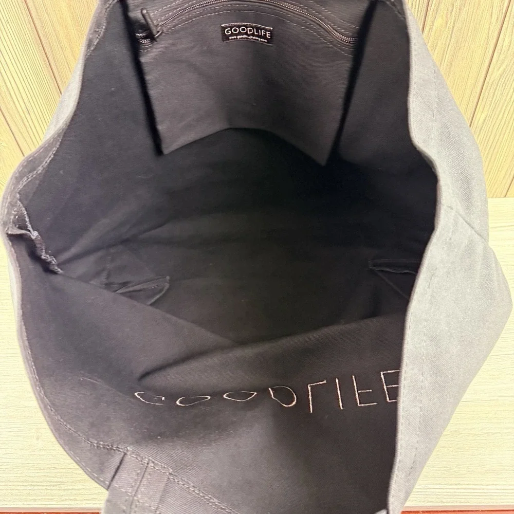 GOODLIFE Large Black Canvas Tote Bag Made in USA Logo Shoulder Shopper Pocket